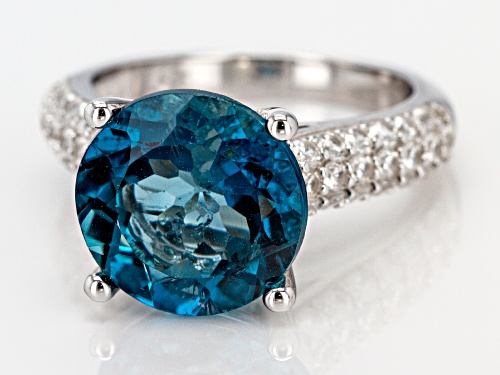 6.33ct Round London Blue Topaz with 1.18ctw Round White Zircon Rhodium Over Sterling Silver Ring - Size 9