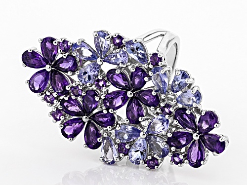 3.43ctw Pear Shape & Round Amethyst, 2.54ctw Pear Shape Tanzanite Rhodium Over Silver Flower Ring - Size 6