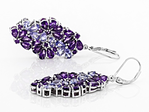 6.28ctw Pear Shape & Round Amethyst With 2.22ctw Tanzanite Rhodium Over Silver Dangle Earrings