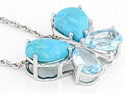 14x10mm Turquoise & 6.29ctw Glacier Topaz(TM) Rhodium Over Silver Butterfly Pendant W/Chain