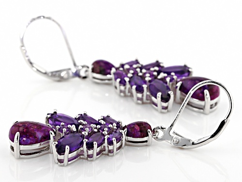 Pear Shape Purple Turquoise With 3.12ctw African Amethyst Rhodium Over Silver Dangle Earrings