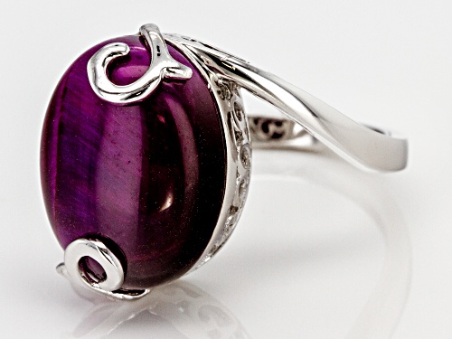 16X12MM OVAL CABOCHON PINK TIGER'S EYE SOLITAIRE RHODIUM OVER STERLING SILVER RING - Size 6