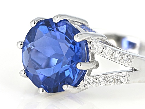 4.25ct Round Color Change Blue Fluorite & .18ctw White Zircon Rhodium Over Sterling Silver Ring - Size 8