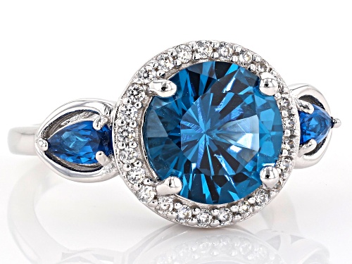 3.61ctw Round & Pear Shape Lab Created Blue Spinel With .28ctw White Zircon Rhodium Over Silver Ring - Size 9