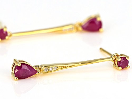 .97CTW BURMESE RUBY WITH .03CTW WHITE DIAMOND ACCENT 18K YELLOW GOLD OVER SILVER DANGLE EARRINGS