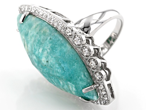 34X14MM MARQUISE CRISS-CROSS CUT AMAZONITE WITH .96CTW WHITE ZIRCON RHODIUM OVER SILVER RING - Size 7