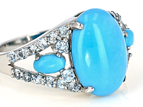 14x10mm & 5x3mm Oval Sleeping Beauty Turquoise With .75ctw Swiss Blue Topaz Rhodium Over Silver Ring - Size 8