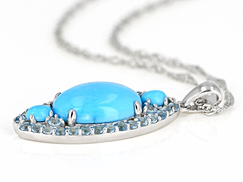 Oval Sleeping Beauty Turquoise, .91ctw Round Swiss Blue Topaz Rhodium Over Silver Pendant With Chain