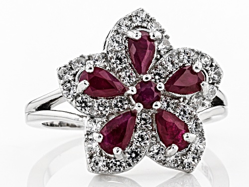 1.18ctw Pear Shape & Round Burmese Ruby With .65ctw White Zircon Rhodium Over Silver Flower Ring - Size 9