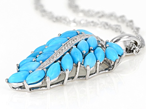 Marquise Sleeping Beauty Turquoise & .12ctw White Zircon Rhodium Over Silver Leaf Pendant W/Chain