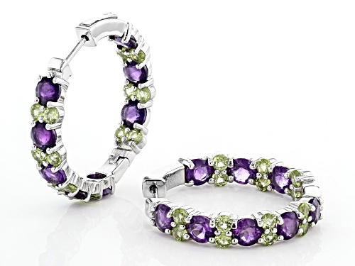 8.84ctw African Amethyst and Manchurian Peridot™ Rhodium Over Silver Inside/Outside Hoop Earrings