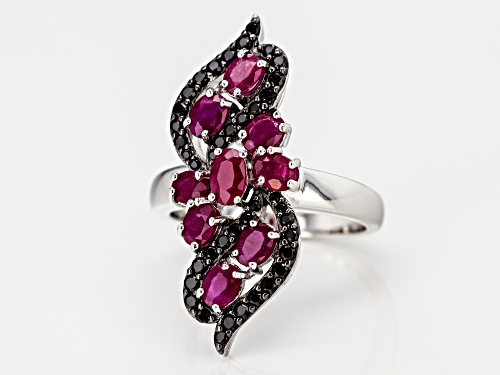 1.72CTW OVAL BURMESE RUBY WITH .41CTW BLACK SPINEL RHODIUM OVER STERLING SILVER RING - Size 6