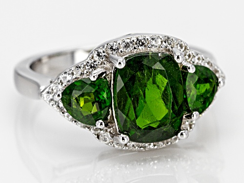 2.86CTW RUSSIAN CHROME DIOPSIDE WITH .33CTW WHITE ZIRCON RHODIUM OVER SILVER 3-STONE RING - Size 9