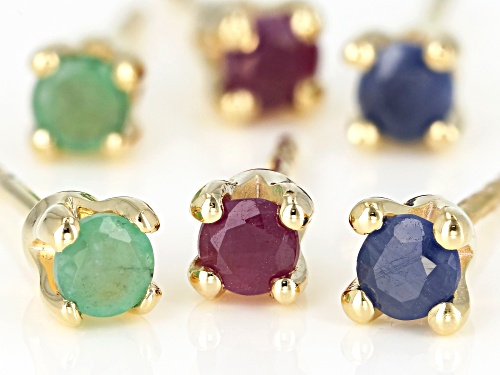 .45ctw Emerald, .68ctw Ruby & .63ctw Blue Sapphire 18k Gold Over Silver 3 Pairs Stud Earrings Set