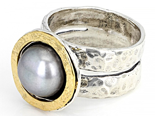 9-10mm silver Cultured Freshwater Pearl Sterling Silver With 14k Yellow Gold Over Accent Ring - Size 12