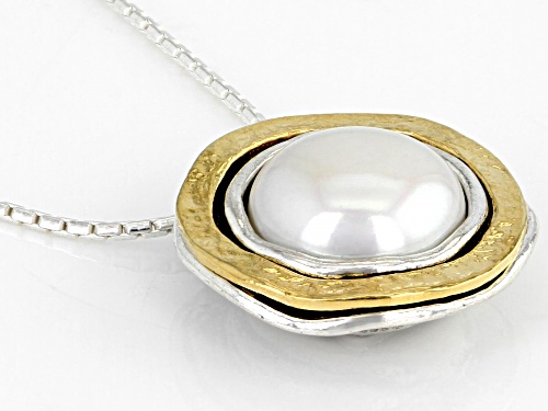 9-10mm White Cultured Freshwater Pearl Sterling Silver With 14k Yellow Gold Over Accent Necklace - Size 18