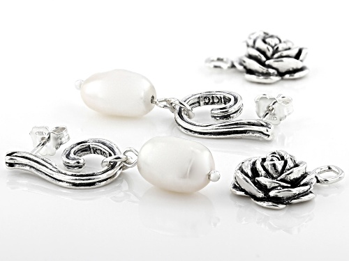 9-9.5mm White Cultured Freshwater Pearl & Rose  Sterling Silver Interchangeable Earrings