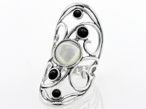 White South Sea Mother-Of-Pearl With Black Onyx Sterling Silver Ring - Size 8
