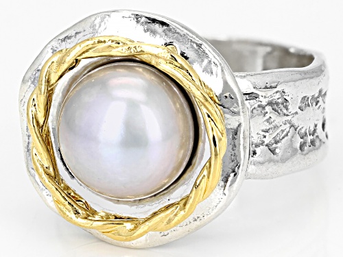 9.5-10mm Platinum Cultured Freshwater Pearl Sterling Silver & 14k Yellow Gold Over Silver Ring - Size 11