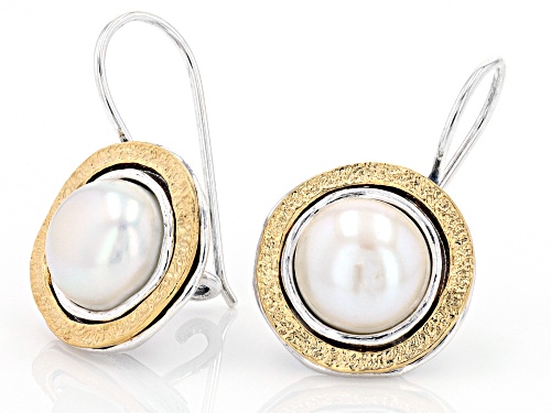 9-9.5mm Cultured Freshwater Pearl Sterling Silver & 14k Yellow Gold Over Silver Two-Tone Earrings