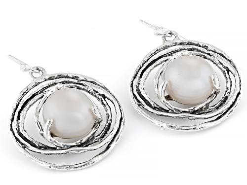 10-10.5mm White Cultured Freshwater Pearl Oxidized Sterling Silver Earrings