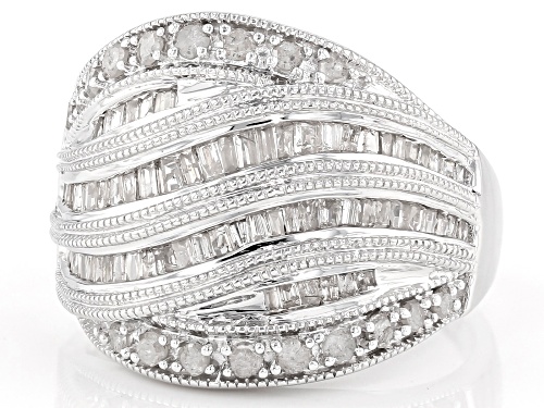 1.00ctw Round And Baguette White Diamond Rhodium Over Sterling Silver Ring - Size 5