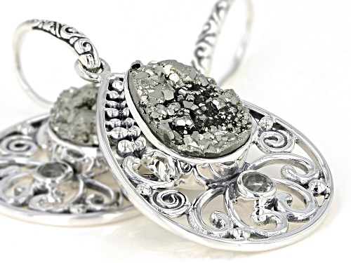 Artisan Collection of India™ Rough Pear Drusy Pyrite With 0.22ct Round Prasiolite Silver Earrings