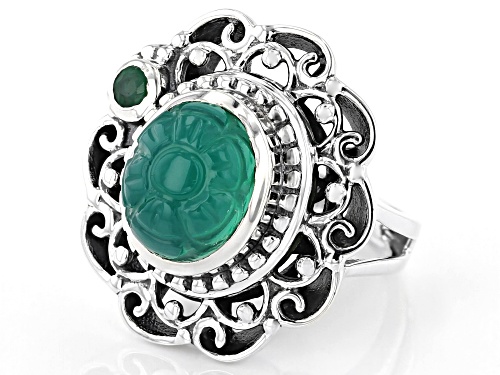 Artisan Collection Of India™ 9x11mm Oval Green Onyx With 0.14ct Round Emerald Sterling Silver Ring - Size 10