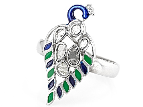 Artisan Collection of India™ Polki Diamond With Enamel Peacock Sterling Silver Ring - Size 9