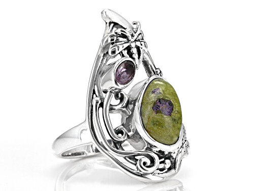 Artisan Collection Of India™ Tasmanian Serpentine And 0.18ctw Amethyst Silver Dragon Fly Ring - Size 10