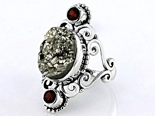Artisan Collection of India™ 12.98ct Pyrite & 0.40ctw Garnet Sterling Silver Ring - Size 6
