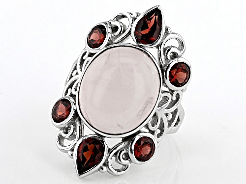 Artisan Collection of India™ 14x12mm Rose Quartz & Garnet Rhodium Over Sterling Silver Ring - Size 6