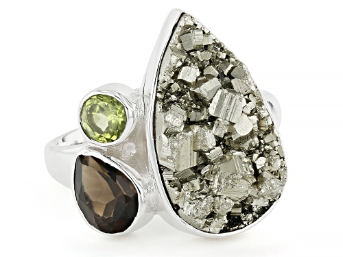 Artisan Collection of India™ Pyrite, Peridot, & Smoky Quartz Sterling Silver Ring - Size 7