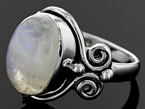 Artisan Gem Collection Of India, 14x10mm Oval Cabochon Rainbow Moonstone Silver Solitaire Ring - Size 11