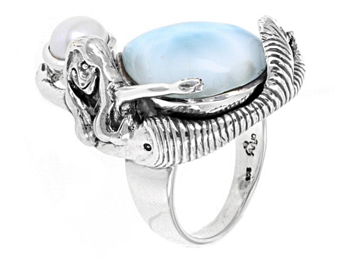 Artisan Gem Collection Of India,Pear Shape Larimar And Cultured Freshwater Pearl Silver Mermaid Ring - Size 6