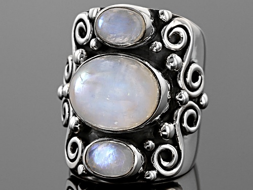 Artisan Gem Collection Of India, 12x10mm And 7x5mm Oval Rainbow Moonstone Silver 3-Stone Ring - Size 5