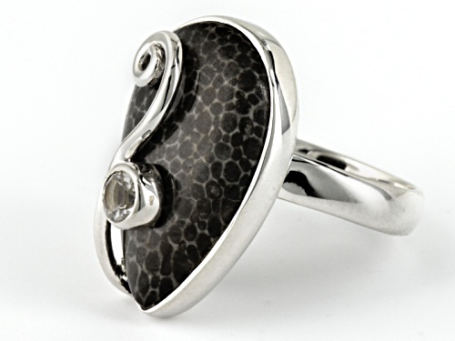 Artisan Gem Collection Of India, Pear Shape Black Fossilized Coral With .10ct Prasiolite Silver Ring - Size 5