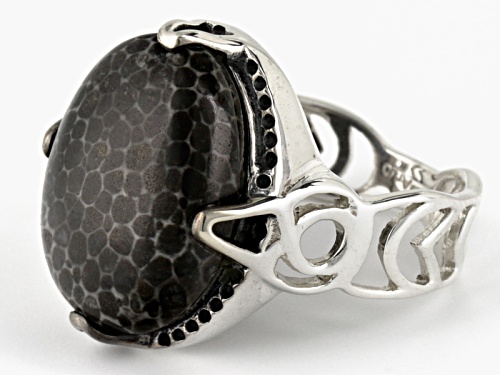 Artisan Gem Collection Of India, 18x13mm Oval Cabochon Black Fossilized Coral Silver Solitaire Ring - Size 5