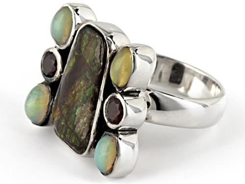 Artisan Gem Collection Of India, Ammolite Doublet, Vermelho Garnet™, Ethiopian Opal Silver Ring - Size 5