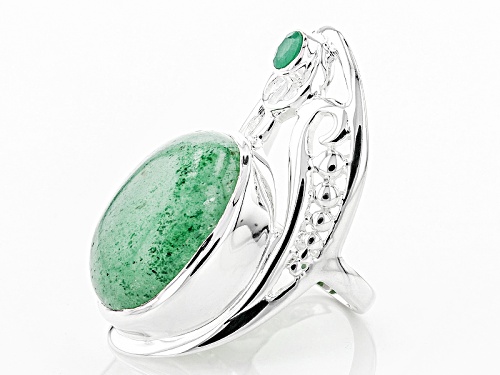 Artisan Of India, 20x15mm Oval Aventurine Quartz And .23ct Round Emerald Sterling Silver Ring - Size 5