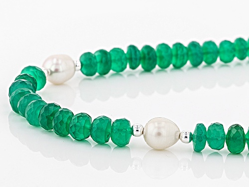 Artisan Collection Of India™ Rondelle Green Onyx Bead & Cultured Freshwater Pearl Silver Necklace - Size 24