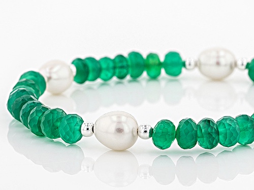 Artisan Collection Of India™ Rondelle Green Onyx Bead, Cultured Freshwater Pearl Silver Bracelet - Size 8