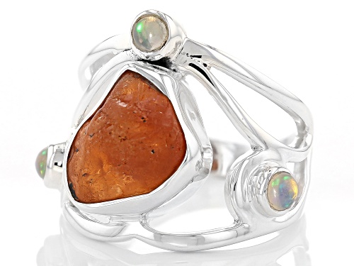 Artisan Collection Of India™ Free Form Mandarin Garnet And 0.27ctw Ethiopian Opal Silver Ring - Size 6