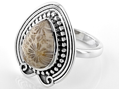 Artisan Collection of India™ 14x10mm Fossilized Coral Cabochon Sterling Silver Solitaire Ring - Size 10
