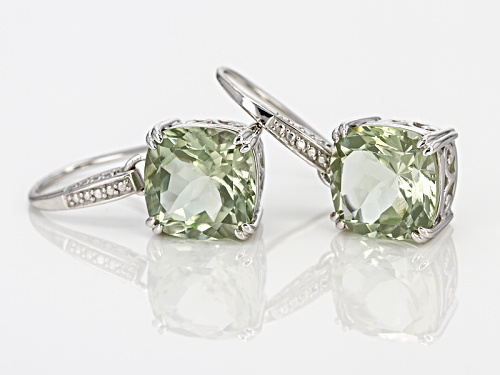 6.90ctw Square Cushion Green Prasiolite Rhodium Over Sterling Silver Dangle Earrings
