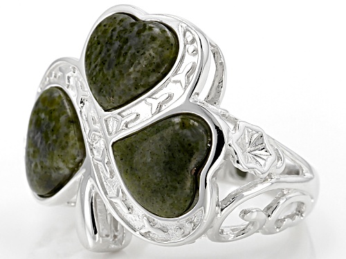 Artisan Collection Of Ireland™ 8x8m Heart Shape Connemara Marble Silver 3-Stone Shamrock Ring - Size 5