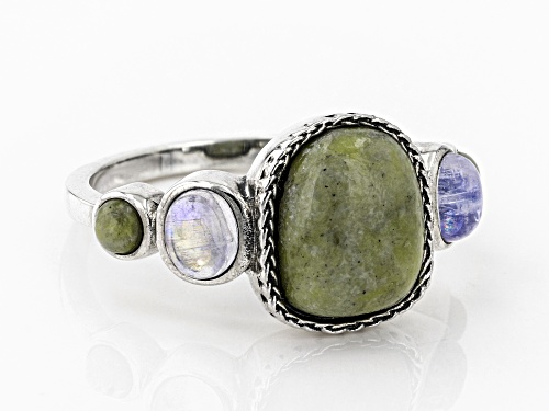 Artisan Collection of Ireland™ Connemara Marble & Rainbow Moonstone Silver Ring - Size 9