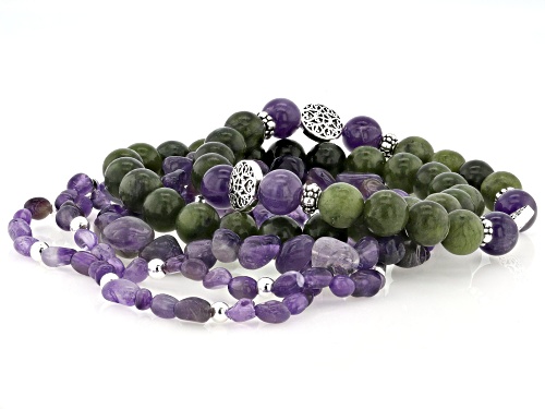 Artisan Collection of Ireland™ Connemara Marble, Iolite, Amethyst & Quartz Stretch Bracelet Set of 5
