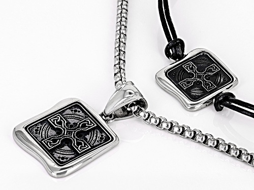 Artisan Collection of Ireland™ Celtic Cross Stainless Steel Pendant/Chain & Leather Bracelet Set