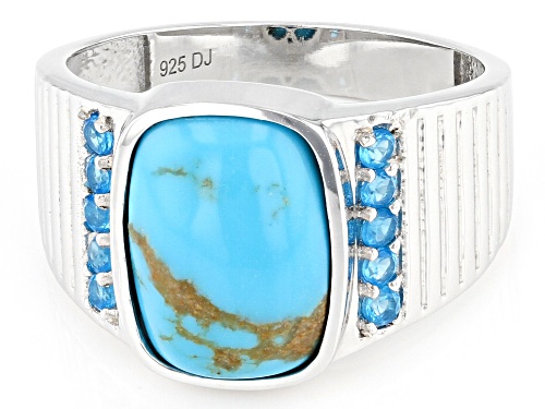 14x10mm Kingman Turquoise With 0.35ctw Neon Apatite Rhodium Over Sterling Silver Men's Ring - Size 10